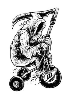 an ink drawing of a person riding a scooter with a hood on it