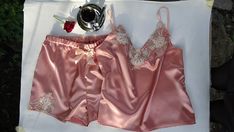 Satin pyjama setswedding lingeriepink lingeriebridal Feminine Satin Sleepwear Sets, Elegant Pink Sleepwear For Loungewear, Elegant Sleep Sets With Camisole, Elegant Pink Loungewear Set, Elegant Camisole Sleep Sets, Feminine Satin Party Sleepwear, Satin Sets With Lace Trim For Wedding Night, Satin Lace Trim Sets For Wedding Night, Pink Satin Camisole