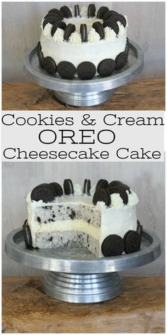 cookies and cream oreo cheesecake cake on a metal platter with one slice cut out