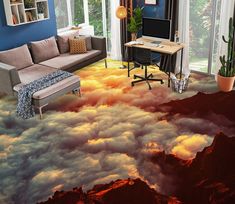 a living room filled with furniture and clouds