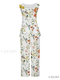 Lasaky - Elegant Floral Print Coordinated Ensemble with Crew Neck Sleeveless Blouse and Long Length Wide Leg Pants, Womens Fashion Wear Elegant Wide-leg Pants With Floral Print, Floral Print Wide-leg Pants For Loungewear, Stretch Wide-leg Floral Print Pants, Beach Floral Print Wide-leg Pants, Floral Print Rayon Wide-leg Pants, Elegant Floral, Pants Pattern, Sleeveless Blouse, Fashion Wear