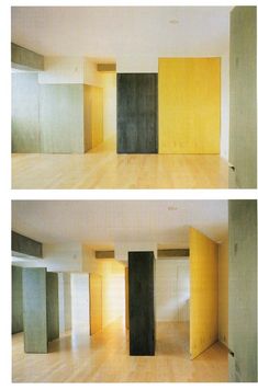 an empty room with wooden floors and yellow doors in two different pictures, one is empty