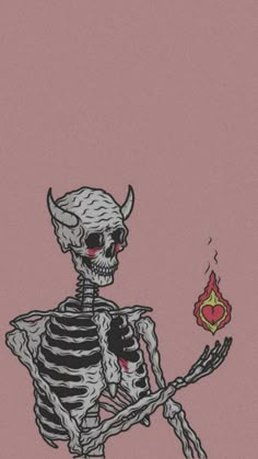 a drawing of a skeleton holding a burning heart