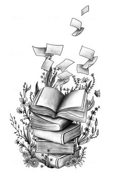 a stack of books flying through the air with papers coming out of it's pages