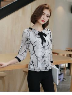 FREE SHIPPING Women Chiffon Blouse Printed OG0774 Black Chiffon Office Tops, Black Chiffon Tops For Office, Printed Summer Office Tops, Printed Tops For Office In Summer, White Chiffon Office Top, Spring Chiffon Office Tops, Black Chiffon Tops For Spring, Casual Chiffon Tops For Office, Casual Black Chiffon Top