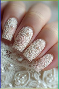 ✨ Add a touch of luxury to your nails with foil accents! Explore glamorous nail designs that incorporate foil for a stunning and eye-catching manicure. Tap to try foil accent nails now. #FoilAccents #GlamNails #NailInspiration 💅 Victorian Nail Art, Victorian Nails Designs, Bridal Nail Art Designs Wedding Day, Rococo Nails, Aesthetic Nail Colors, Victorian Nails, Bridgerton Nails, Lace Wedding Nails, Vintage Wedding Nails