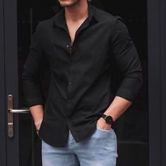 Black Casual Shirt Outfit Men, Men In Button Down Shirts, Dark Shirt Outfit Men, Men Dark Outfit, Plain Black Shirt Outfit Men, Dark Men Outfit, Long Sleeve Button Up, Black Shirt Men Outfit, Black Dress Shirt Outfit Men