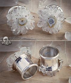 two pictures of silver vases with flowers on them and one has a flower in the middle