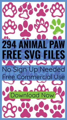 the sign up needed for free commercial use is displayed in front of a blue background with pink and green paw prints