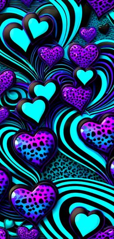 many hearts are in the air with blue and purple swirls on them, as well as black dots