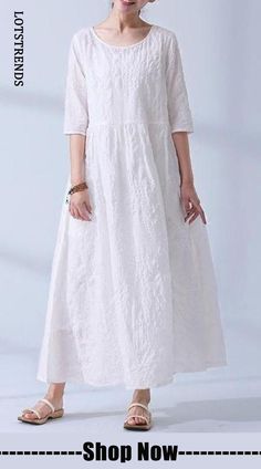 National Wind Summer Elegant Jacquard Cotton Linen Casual Loose Maxi Long Women Dress Solid Color Half Sleeve Dress For Beach, Casual Half Sleeve Midi Dress For Vacation, Casual Half-sleeve Maxi Dress For Beach, Casual Half Sleeve Maxi Dress For Beach, Summer Solid Half Sleeve Dresses, Summer Solid Color Half Sleeve Dresses, Solid Color Half Sleeve Summer Dress, Cotton Half Sleeve Midi Dress For Summer, Summer Cotton Midi Dress With Half Sleeves