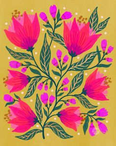 a pink flower with green leaves and dots on a yellow background is featured in this image