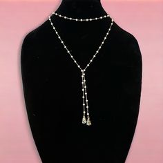 Nwt. Delicate Gold Tone Chain With Stationed White Frosted Faceted Glass Beads. Gray And Black Speckled Triangular Ends. White Pearl Necklace With Adjustable Chain For Party, Elegant Beaded Chain Lariat Crystal Necklace, Elegant Crystal Lariat Necklace With Beaded Chain, Elegant Lariat Crystal Necklace With Beaded Chain, Adjustable Beaded Necklaces With Pearl Chain For Party, Adjustable Pearl Chain Beaded Necklaces For Party, White Adjustable Rhinestone Necklace For Party, Adjustable White Rhinestone Necklace For Party, Elegant Adjustable Pearl Necklace With Faceted Beads