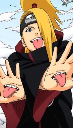 naruto with his tongue out and hands in front of him, making the vulcan sign