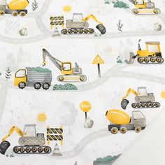 a white background with yellow construction vehicles on it