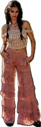 Casual Ruffled Trousers, Bohemian Wide-leg Pants With Ruffles, Chic Tiered Party Bottoms, Chic Tiered Bottoms For Spring, Fitted Tiered Ruffle Bottoms, Spring Tiered Skirt With Ruffles, Chic Fitted Summer Cargo Pants, Fall Ruffled Tiered Skirt Bottoms, Summer Party Tiered Bottoms