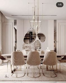 an elegant dining room with white walls and beige chairs