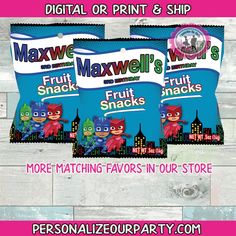 two bags of maxwell's fruit snacks are shown on a wooden background with the text,