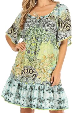 Sakkas Eliza Women's Cocktail Short Sleeve Floral Print Boho Dress Summer Casual#color_FLG377-Green Boho Dress Summer, Dress Summer Casual, Dress For Everyday, Boho Summer Dresses, Mens Fashion Casual Outfits, Fashion Inspiration Design, Flattering Dresses, Basic Dress, Dress Cover