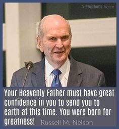 a man in a suit and tie standing at a podium with a quote from russell m nelson