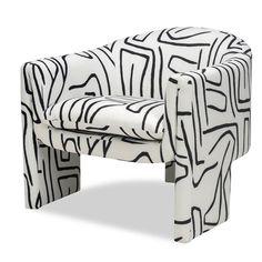 a black and white chair with an abstract pattern on the armrests, sitting in front of a white background