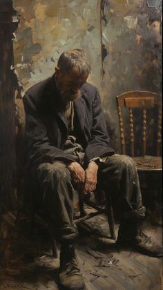 a painting of an older man sitting in a chair with his hands on his knees