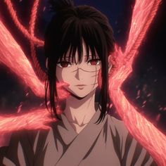 an anime character with long black hair and red eyes, standing in front of pink wings