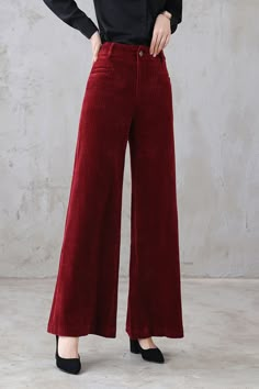 High Waisted Corduroy Pants, 70s Red Outfit, Red Pants Aesthetic, Red Pant Outfit, Red Linen Pants Outfit, Red Corduroy Pants Outfit, Red Wide Leg Pants Outfit, Courdroy Pants, 70s Fashion Pants