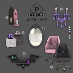 an assortment of furniture and decor items displayed on a gray background with text that reads pxvelivibes goth vibes