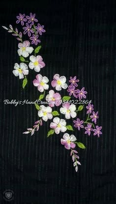 purple and white flowers with green leaves on a black background, hand embroidered by barbara's handcrafters