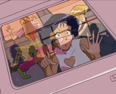 an animated image of people in a car with their hands up to the side window