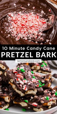 chocolate pretzel bark with candy canes and sprinkles on top