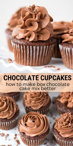 chocolate cupcakes with frosting on top and the words how to make box cake mix better