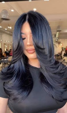 Long Layered Hair On Medium Hair, Black Hair Layers Straight, Jet Black Hair Layers Hairstyles, Black Mid Length Hair, Black Hair With Layers, Black Wig With Layers, Long Black Hair Layers Straight, Long Hair With Layers And Side Bangs, Long Blue Black Hair With Layers