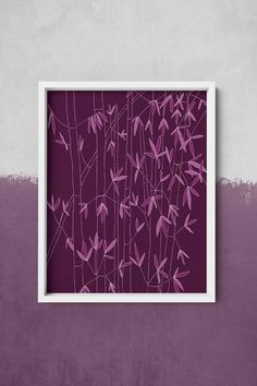 an abstract painting with pink flowers on a purple and white background, framed in a white frame