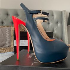 Brand New, Never Worn And In Original Box! Gorgeous Navy Blue Leather With Neon Coral/Pink Heels. Made In Italy; Size 38.5. Ruthie Davis, Neon Coral, Pink Heels, Platform Pumps, Coral Pink, Blue Leather, Shoes Women Heels, Original Box, Shoes Heels