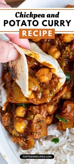 chicken and potato curry recipe in a white bowl with rice