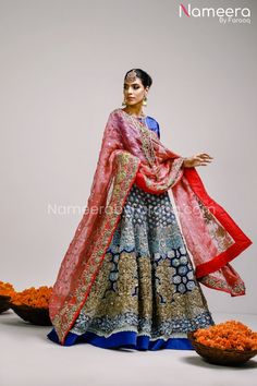 Latest Pakistani Mehndi Lehenga Dress in Royal Blue color – Nameera by Farooq Blue Tissue Silk Salwar Kameez With Zari Work, Blue Tissue Silk Anarkali Set With Dupatta, Blue Anarkali Set With Dupatta In Tissue Silk, Designer Blue Tissue Silk Anarkali Set, Festival Blue Tissue Silk Salwar Kameez, Blue Tissue Silk Anarkali Set, Designer Blue Tissue Silk Salwar Kameez, Bollywood Style Blue Anarkali Set In Tissue Silk, Blue Tissue Silk Sharara For Festivals