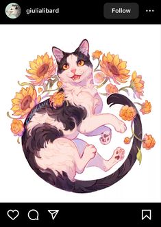 a black and white cat with sunflowers on it's back sitting in a circle