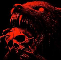 a red and black image of a monster with fangs on it's face, holding a human skull