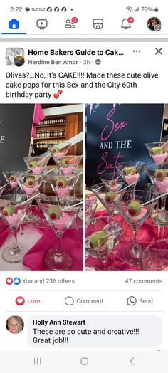 two screenshots of martini glasses with pink napkins on them, and the same one