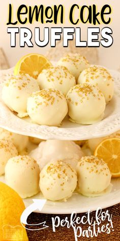 lemon cake truffles on two white plates with oranges in the background and text overlay