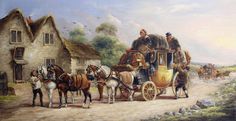 a painting of people riding in a horse drawn carriage on a country road with horses pulling it