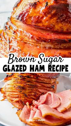 brown sugar glazed ham recipe on a white plate with text overlay that reads, brown sugar glazed ham recipe