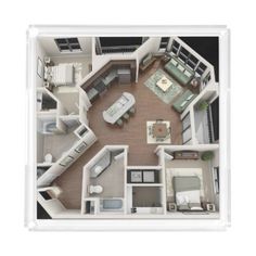 an overhead view of a two bedroom, one bath apartment with living room and kitchen