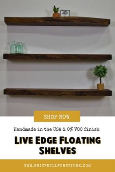 live edge floating shelves with text overlay that reads shop now