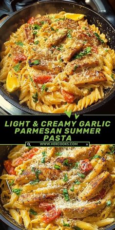 two pictures of pasta in a pan with sauce and parmesan cheese