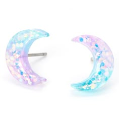 These cute earrings are a must-have for the celestial lover! This pair of earrings feature a blue and purple ombre moon with sparkly glitter on each stud. Finish: Silver-tone Closure: Post back Material: Plastic - Claire's Silver Glitter Ombre Moon Stud Earrings Usvi Vacation, Claires Earrings, Emo Accessories, Lucky Charms Marshmallows, Moon Stud Earrings, Witch Moon, Studded Earrings, Fairy Jars, Figs Scrubs