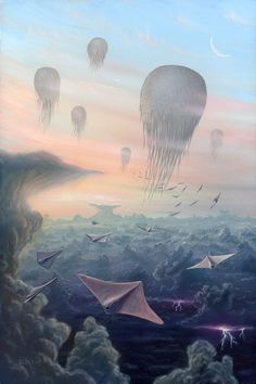 an artistic painting with paper boats floating in the sky and jelly fish flying above them