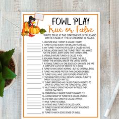 a printable fall play time or fabe game on a table next to a potted plant